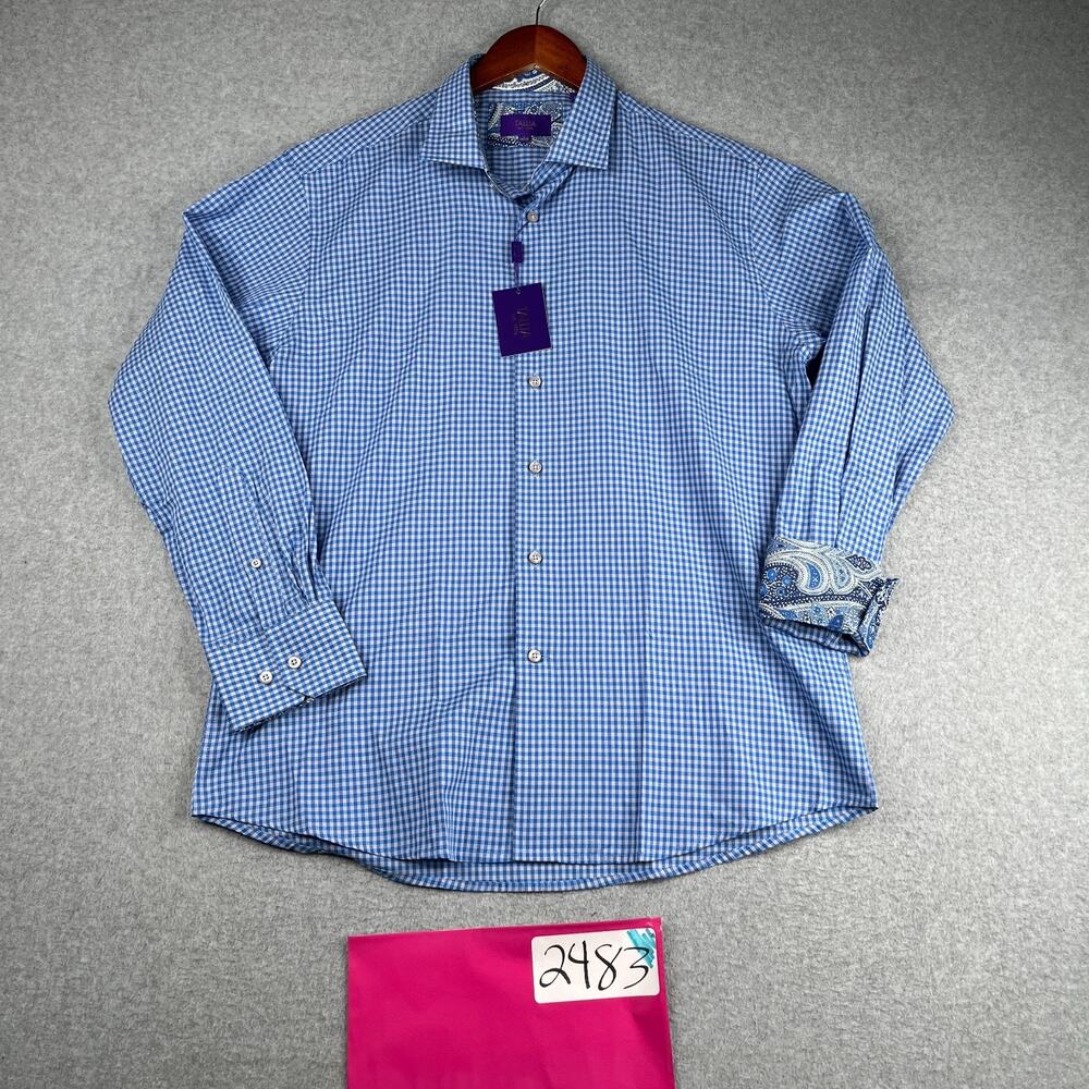 Tallia Shirt Large 16.5 Blue Gingham Check Flip Cuff Button Up Long Sleeve NEW
